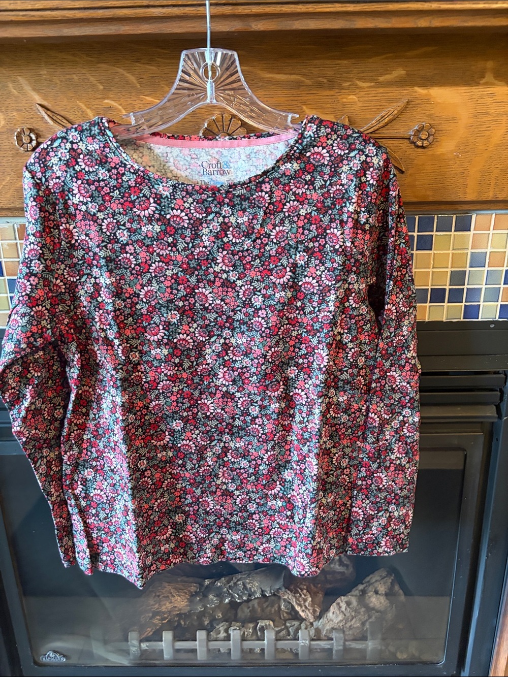 Croft & Barrow Black Floral Crewneck Top with Pink Accents